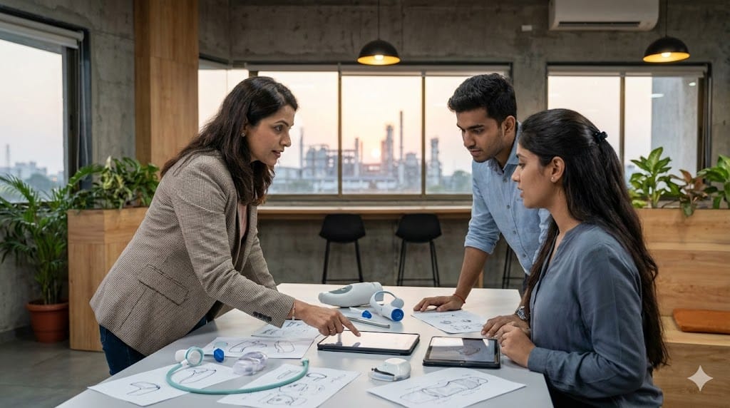 MedTech startup CEO reviewing prototypes and strategy in a modern innovation workspace, symbolizing dynamic leadership and entrepreneurial vision.