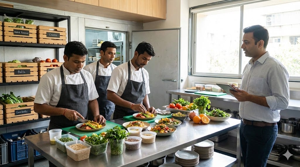 Culinary development team reviewing new menu dishes alongside supply chain logistics data in a modern test kitchen, illustrating the connection between menu innovation and resilient food sourcing.