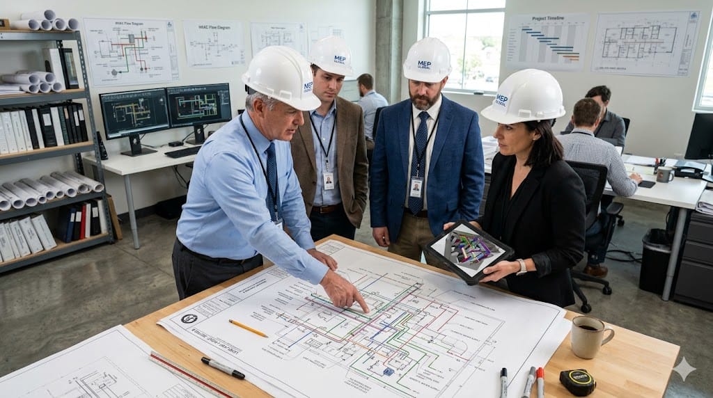 MEP engineering leaders reviewing HVAC, electrical, and plumbing building design plans