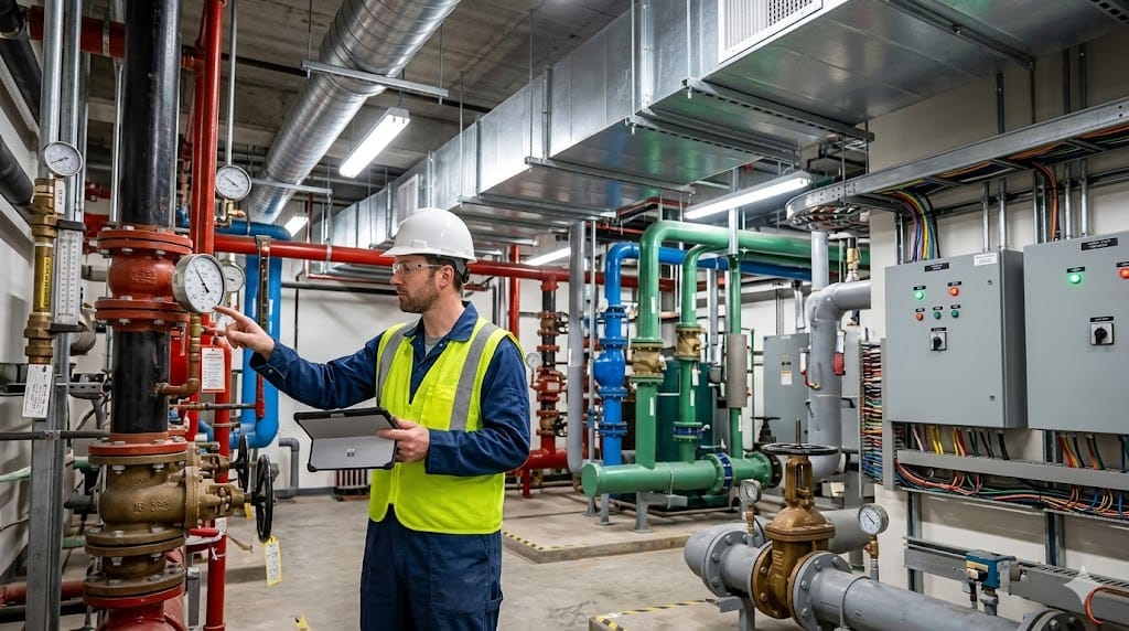 Engineer inspecting mechanical and electrical systems in industrial plant room