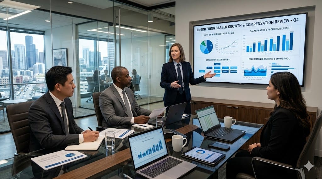 Senior MEP engineering leaders discussing compensation and career growth in a corporate office