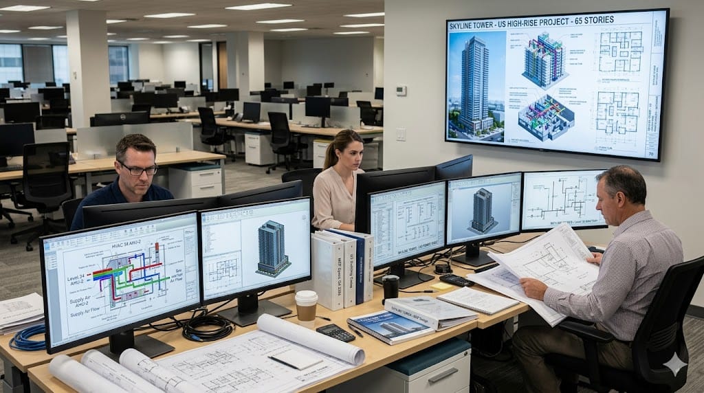 Small MEP engineering team working on complex building project plans in a busy design office