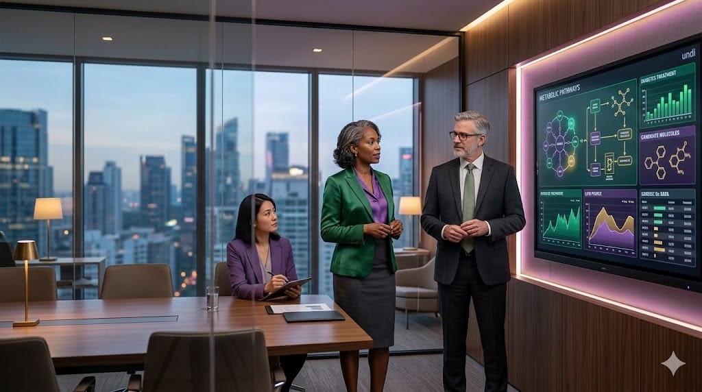 A realistic image of diverse pharmaceutical executives in a modern, high-tech boardroom, symbolizing the shift in leadership profiles for metabolic medicine and obesity drug markets.