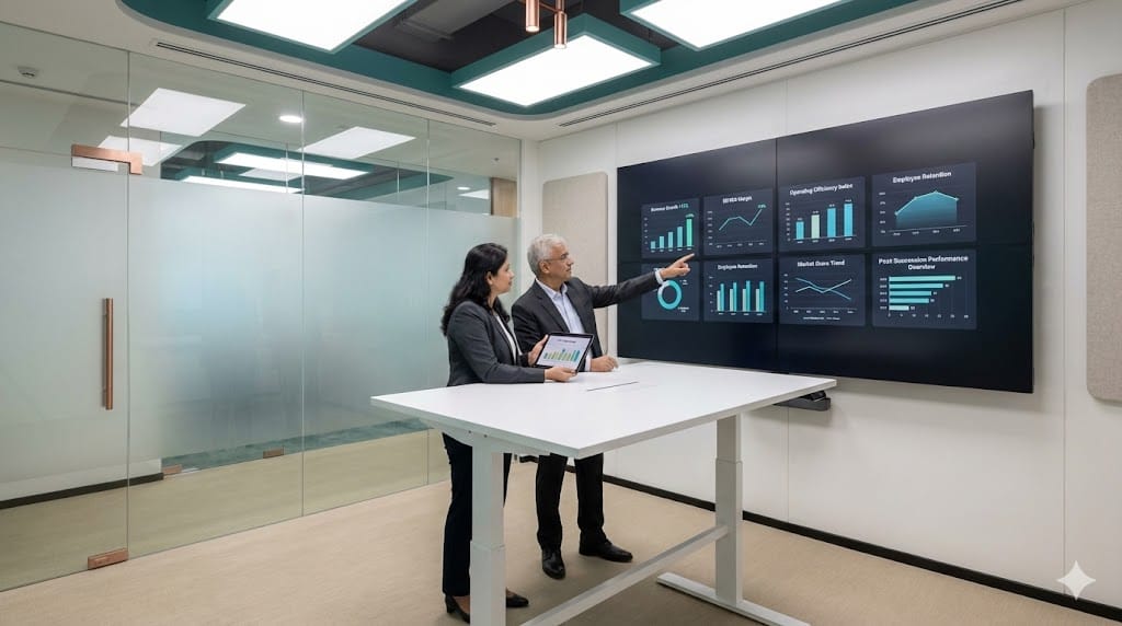 Executive leadership team reviewing real-time performance dashboards in a modern analytics command center following CEO succession.
