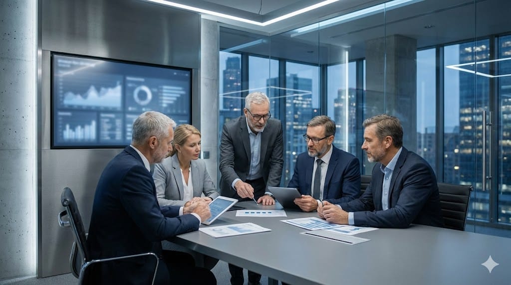 Diverse executive leadership team in a modern strategy room reviewing digital dashboards and innovation roadmaps, representing emerging C-suite roles beyond traditional leadership models.