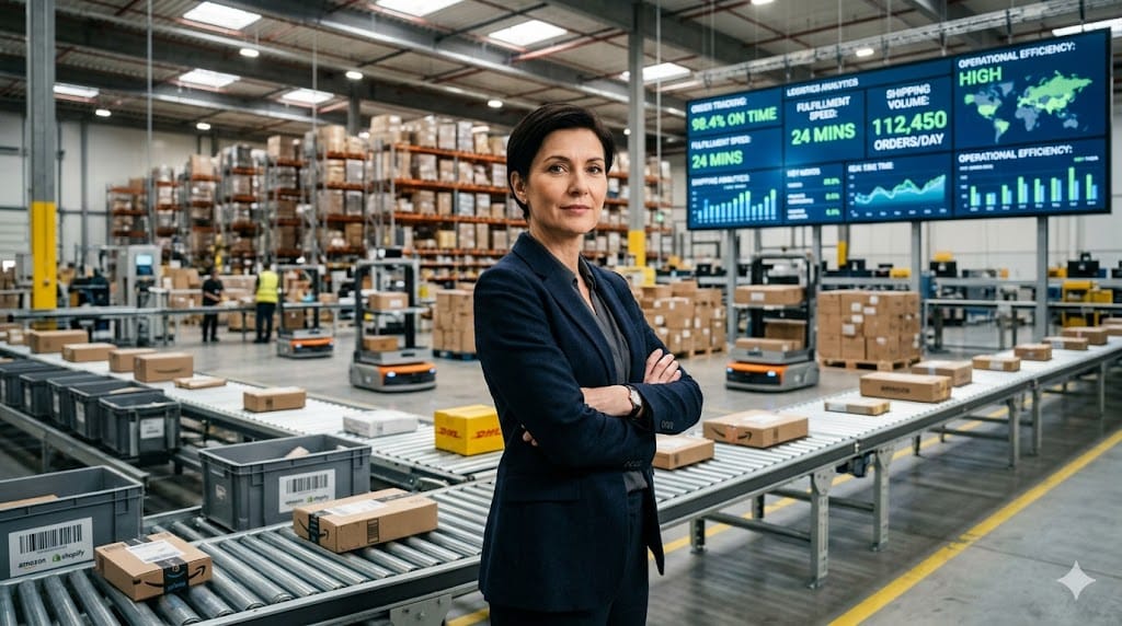 Modern e-commerce fulfillment executive standing in automated warehouse with digital logistics screens and distribution operations in background
