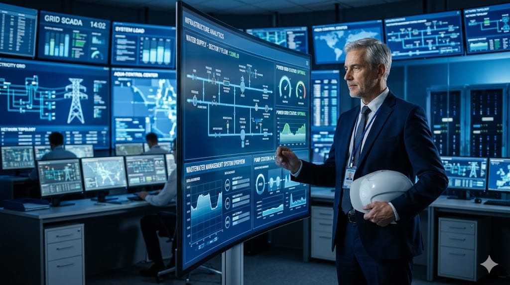 Modern engineering leader analyzing utility infrastructure data in a high-tech control room
