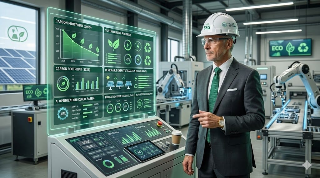 Modern manufacturing executive reviewing digital data and ESG sustainability metrics in smart factory environment