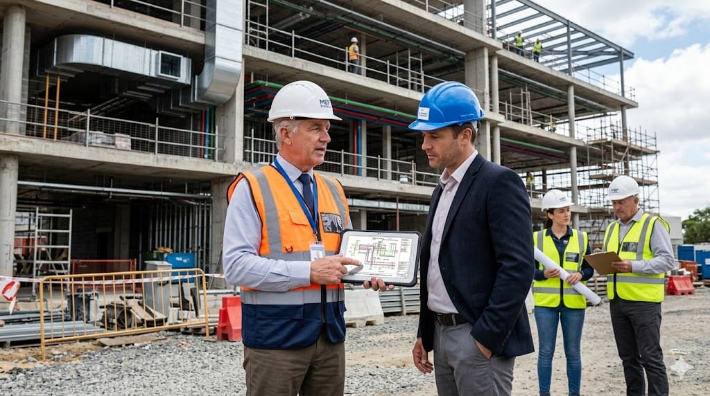 MEP engineering leader explaining building systems to client at construction site