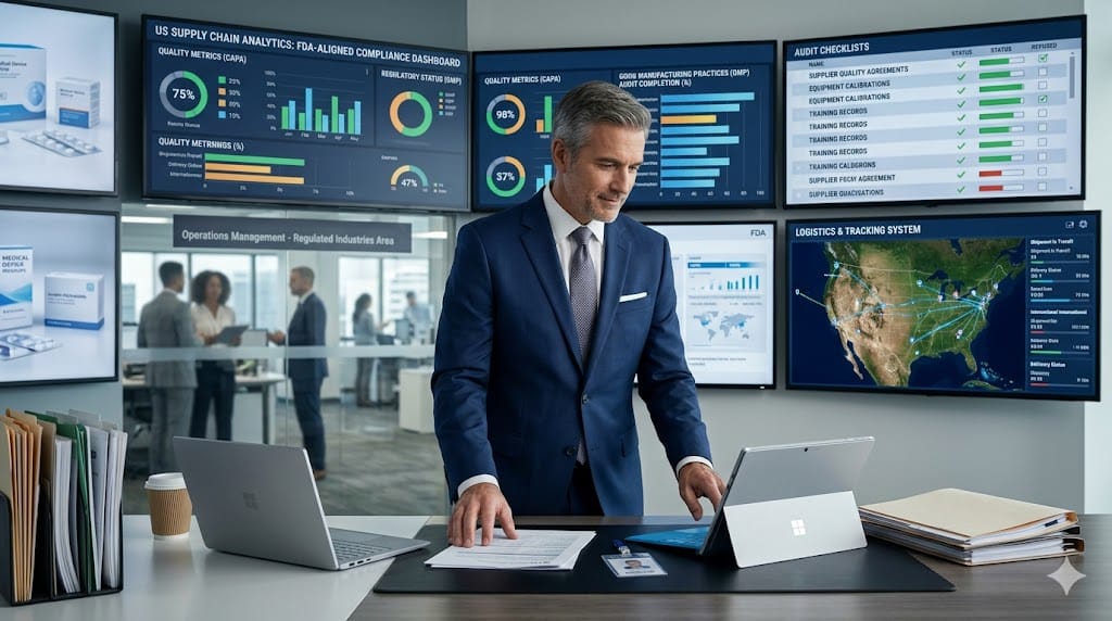 Supply chain executive reviewing compliance, logistics systems, and regulatory data in a US regulated industry environment with digital dashboards and documentation