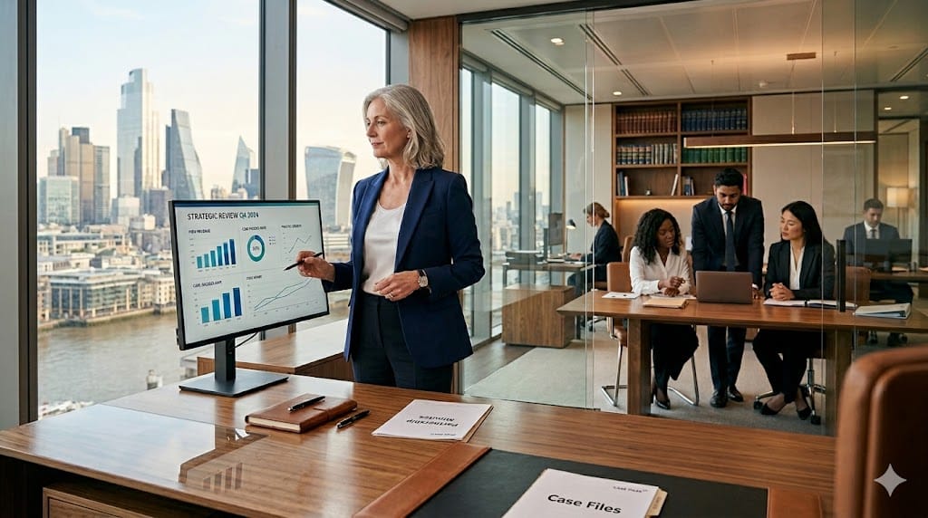 A confident law firm managing partner reviewing strategic goals and performance indicators in a sleek office, representing a modern success profile.