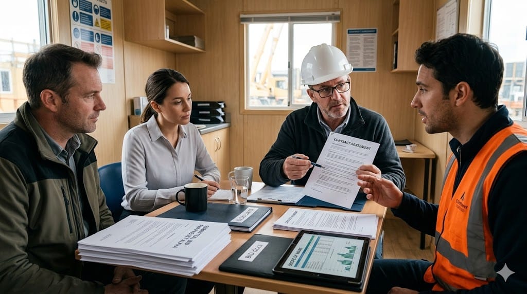 Construction executives observing prefabricated building modules inside manufacturing facility