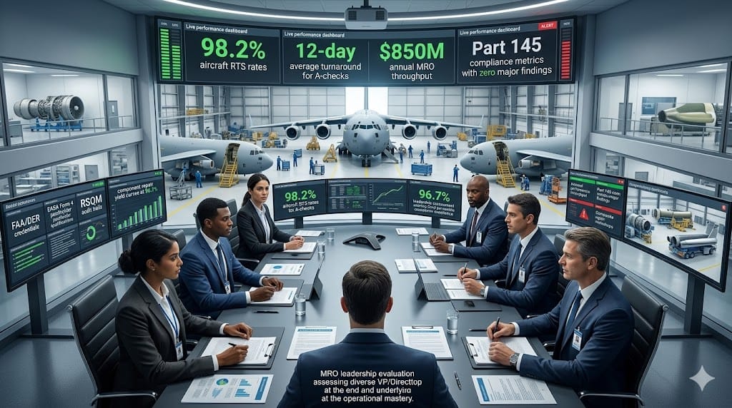 executive recruiters interviewing MRO leadership candidates for aerospace maintenance operations, evaluating senior executives with Part 145 repair station experience, fleet turnaround optimization records, and $500M+ annual MRO throughput during assessments in a high-security aviation maintenance strategy center.