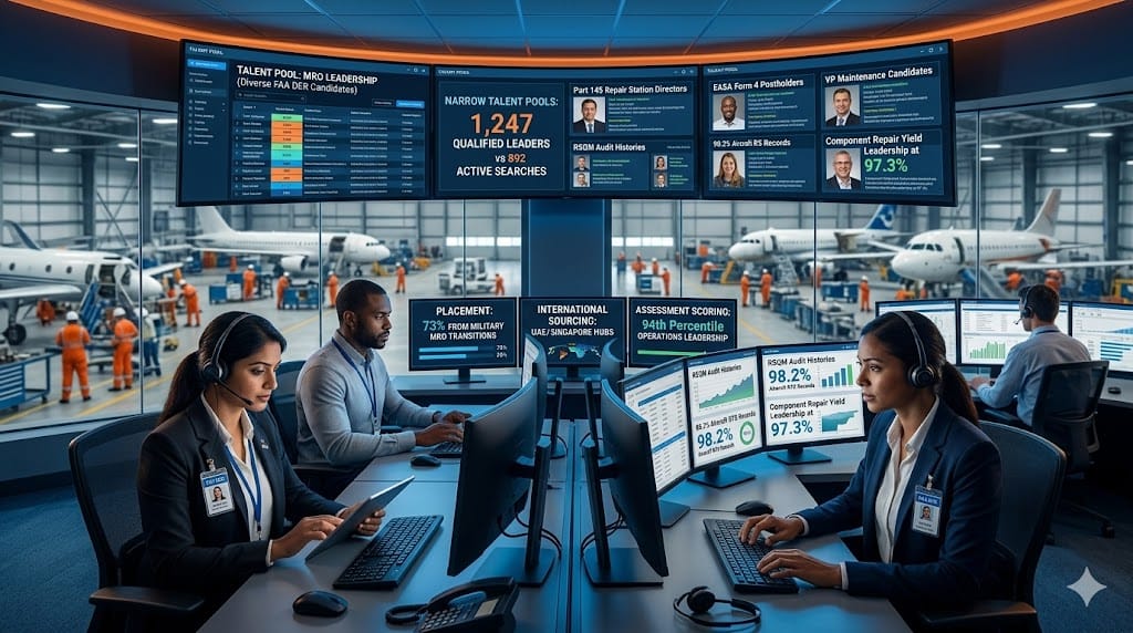  executive recruiters sourcing elite MRO leadership from scarce talent pools, mapping global Part 145 directors and VP-level maintenance executives through specialized networks during assessments in a high-security aviation leadership strategy center.