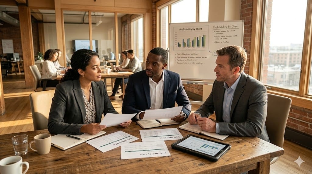 A realistic, eye-level shot of a modern, sunlit office where a diverse team of finance and operations leaders are gathered around a large wooden table. Surrounded by documents titled "Multi-Client P&L," "Cost Allocation," and "Profitability by Client." A tablet displays a "Client Profitability" dashboard. The lighting is warm and natural, highlighting the collaborative discussion. The palette uses warm earth tones, soft grays, and a pop of color from a plant, avoiding cold corporate blues.
