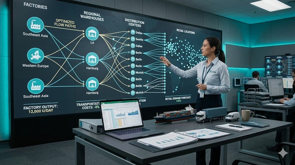 Supply chain engineer analyzing multi-level distribution network architecture with warehouses and transport routes on digital screen