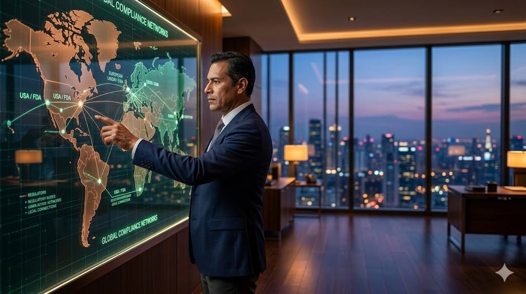 A realistic depiction of a professional navigating complex global regulatory landscapes, symbolizing the ability to manage multi-jurisdictional enforcement challenges.