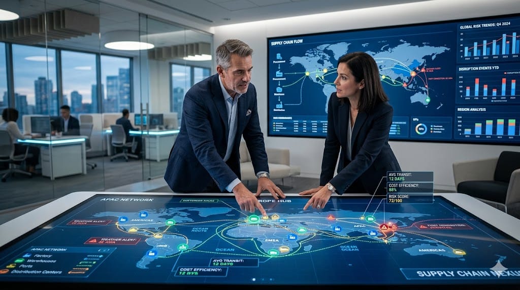 Supply chain leaders designing multi-node operating model with connected logistics network map, risk indicators, and global distribution routes on digital table display