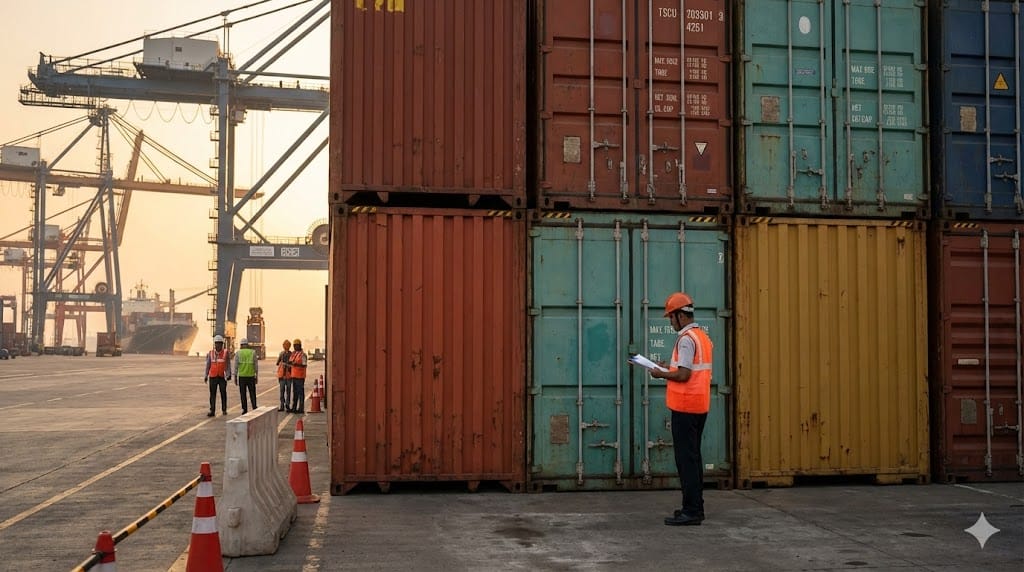 A customs compliance officer reviewing international shipping documents at a busy cargo port with stacked containers and cranes in the background, symbolizing global trade regulation management.