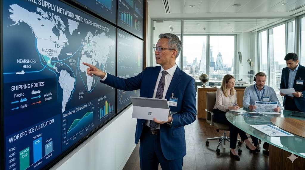 Supply chain executive reviewing nearshoring strategy and regional operations in a premium office