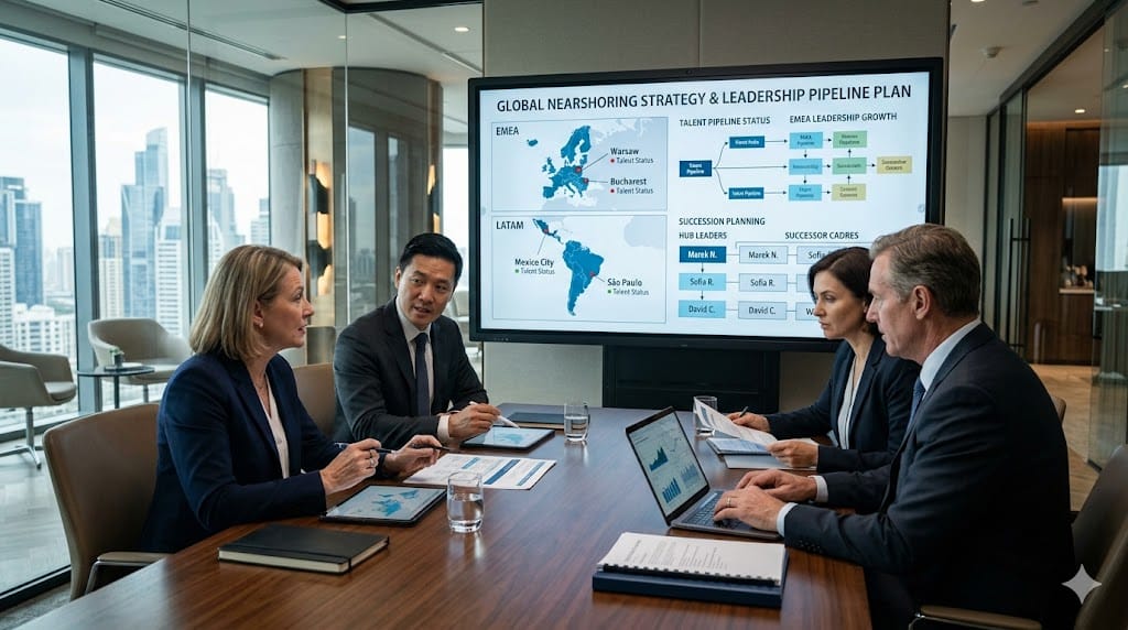 Executive team planning a nearshoring-ready leadership pipeline in a premium corporate office
