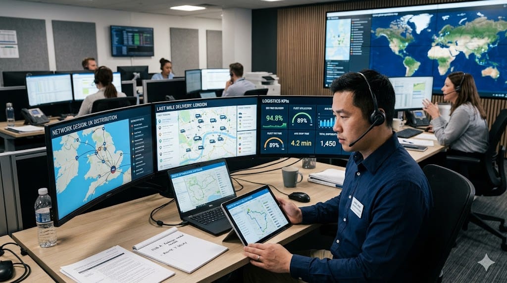 Logistics manager reviewing network design and last-mile delivery operations in modern control center