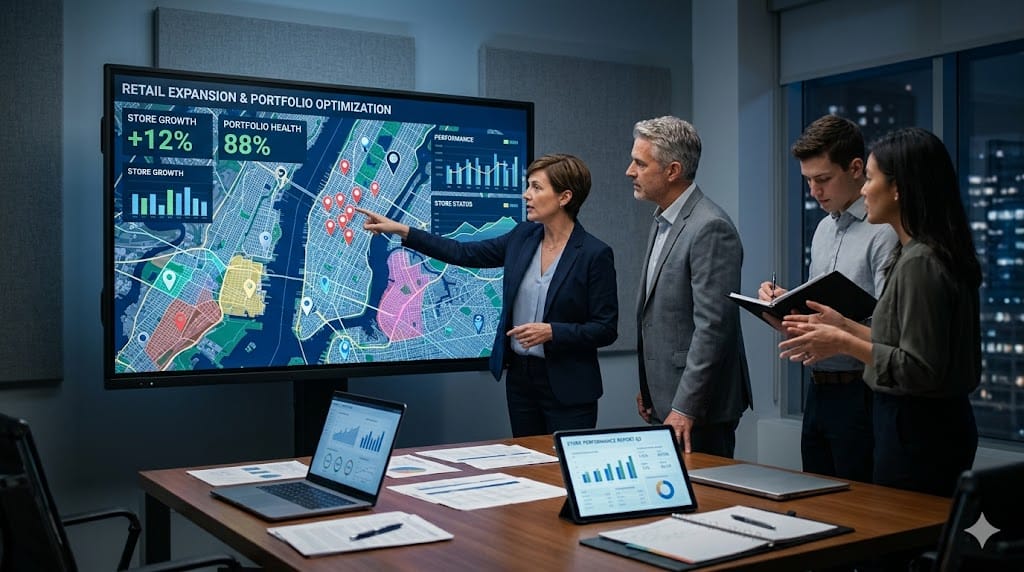 business team analyzing retail store locations on digital city map to plan expansion and portfolio optimization