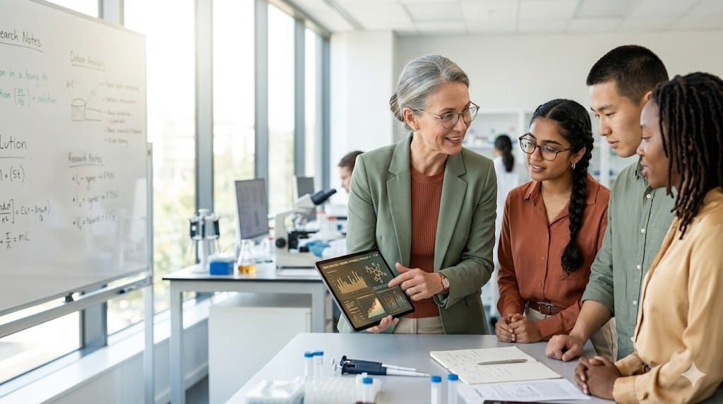 A realistic image of a diverse group of early-career scientists and senior mentors collaborating in a modern lab, symbolizing the transfer of knowledge and leadership development in the next generation of scientific leaders.