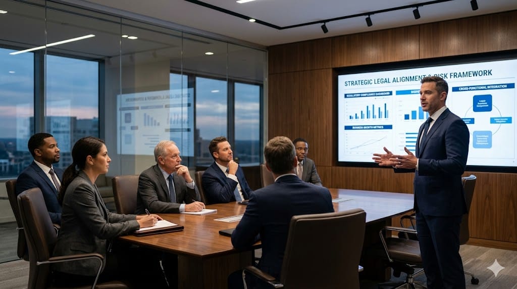 General counsel presenting strategic insights to board and C-suite executives in a modern boardroom environment.