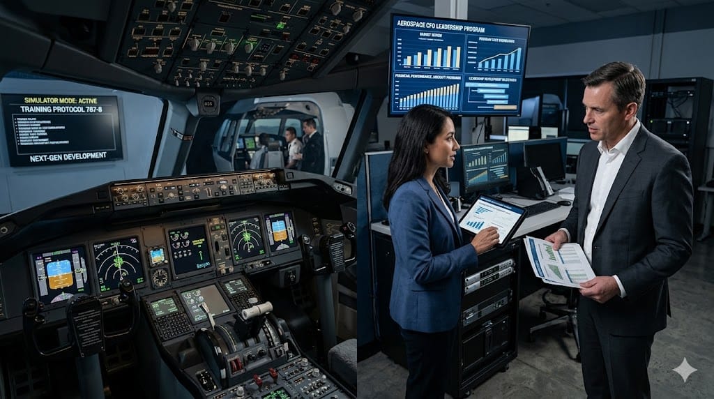 Aerospace executives reviewing financial strategy during training session inside aircraft simulator facility