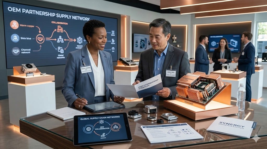 Senior executives discussing OEM partnership strategy while reviewing industrial product prototypes in a technology showroom.