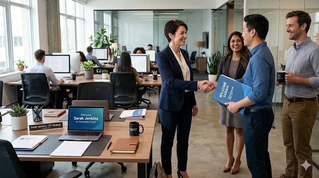 new executive being welcomed by team in office during onboarding meeting for leadership role