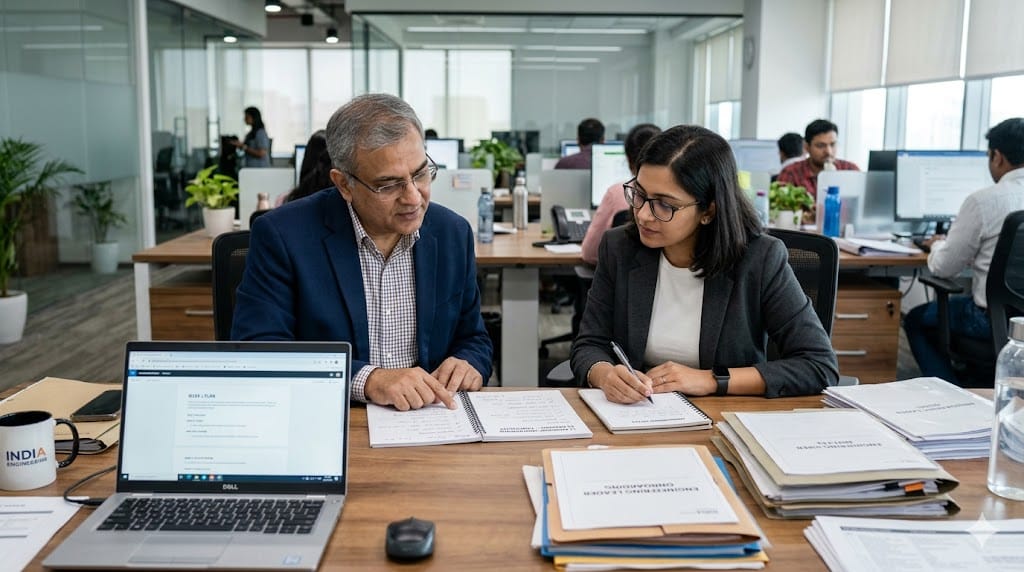 senior manager guiding new engineering leader through onboarding checklist in office workspace