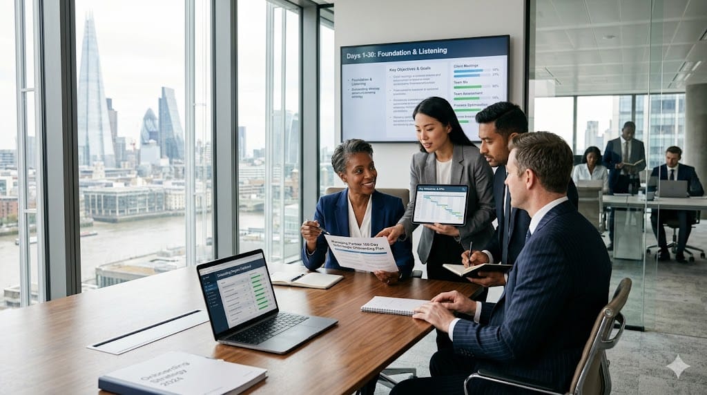 New managing partner in a modern law firm office reviewing a 100-day strategic plan with colleagues, symbolizing structured onboarding and leadership planning.