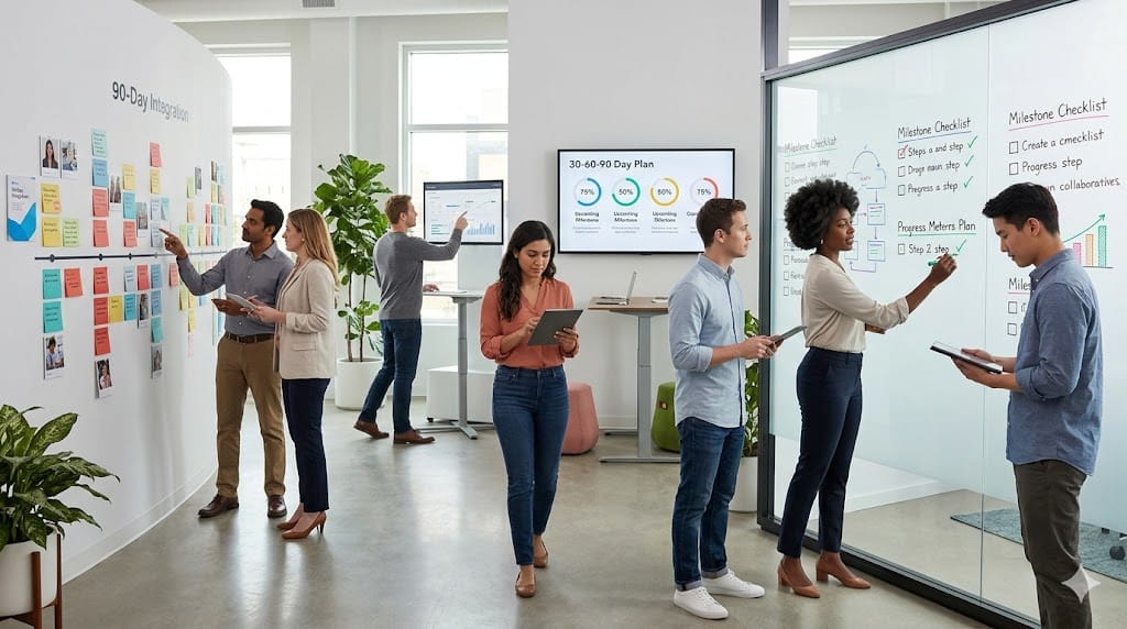 New employee onboarding journey with team members tracking progress and accountability over a 90-day integration period in a modern workspace