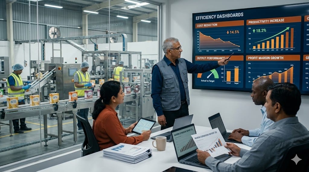 Operations leaders reviewing efficiency metrics and production performance charts to drive margin expansion in modern manufacturing facility