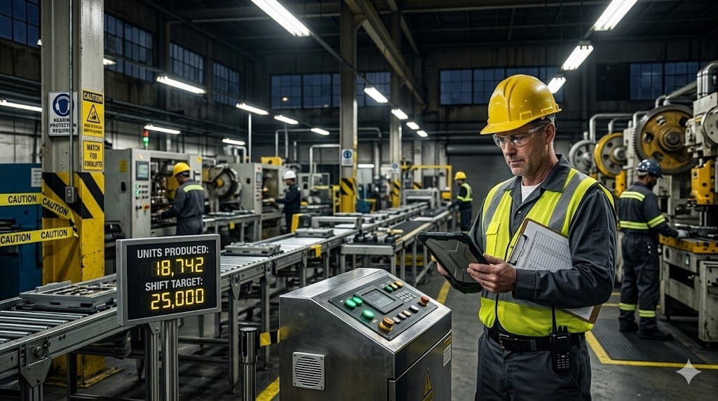24/7 manufacturing operations concept showing night shift factory, production supervisor monitoring machines, and continuous production line