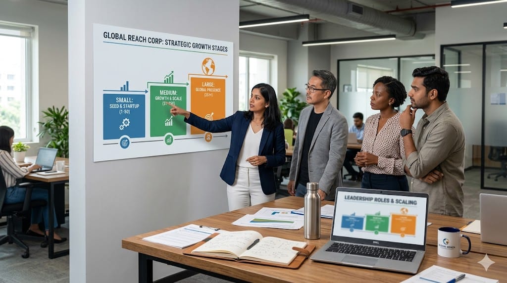 business professionals reviewing company growth charts showing different stages of organizational scale