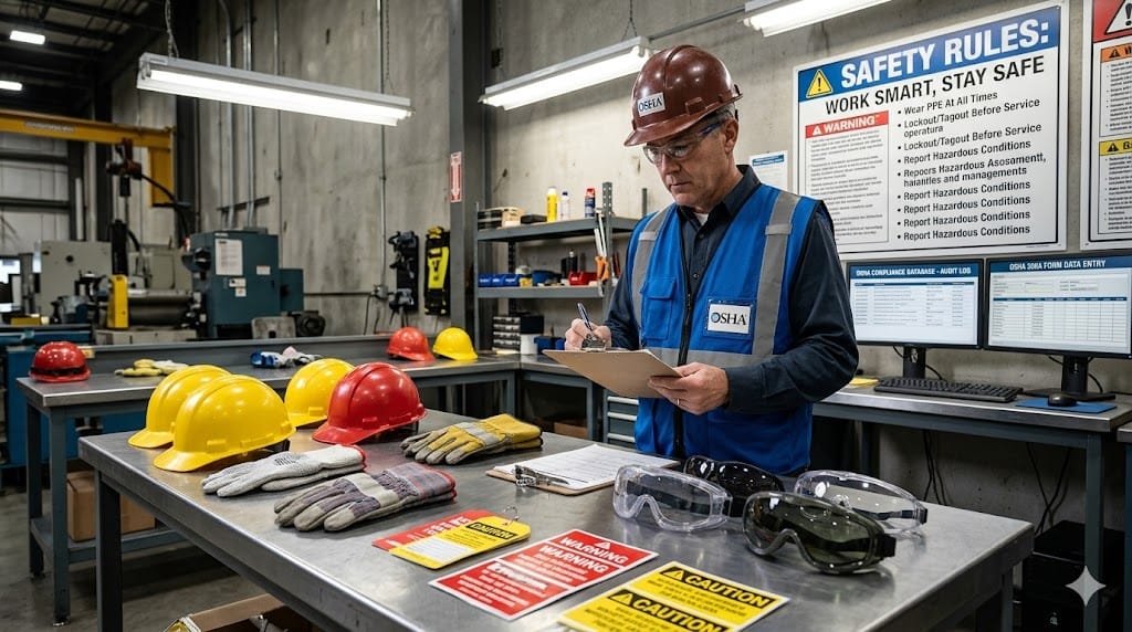 Safety inspector reviewing compliance checklist and protective equipment during workplace audit