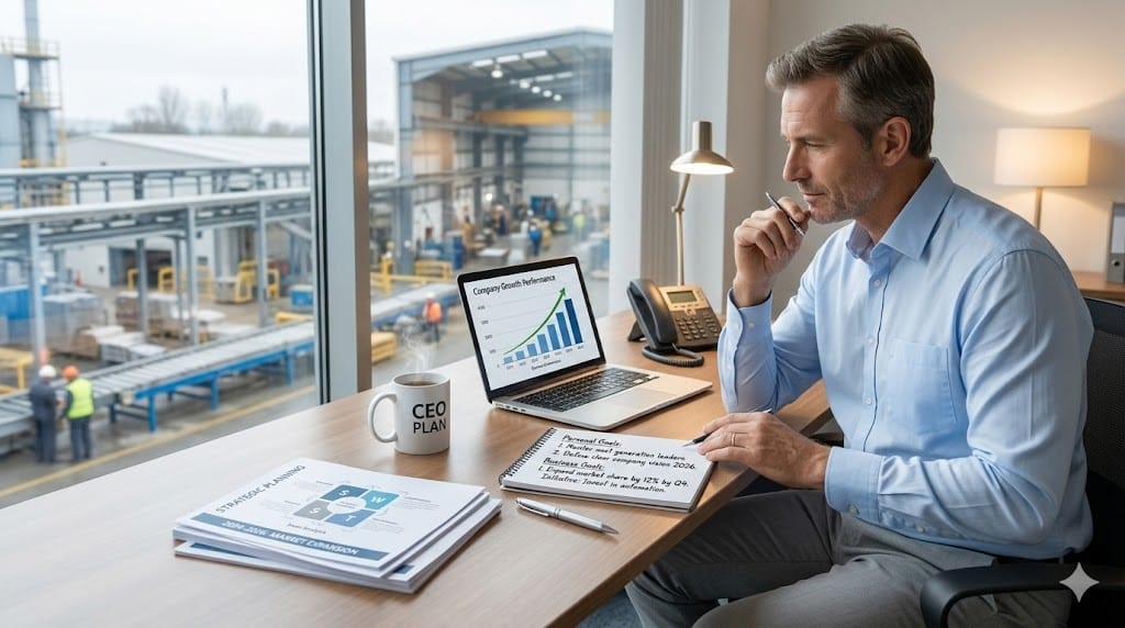 Business owner planning future goals with strategy notes, laptop charts, and factory background representing personal and business objectives