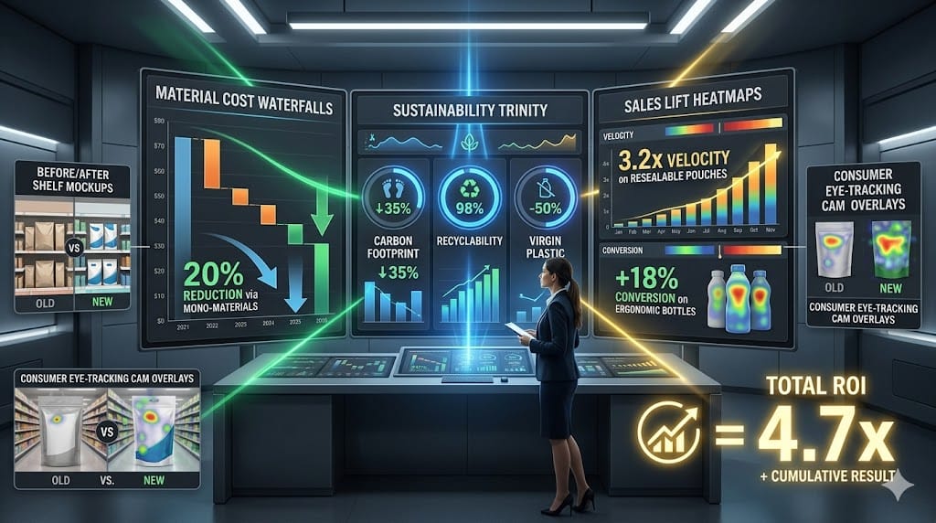 CPG analyst evaluating packaging ROI through integrated dashboard showing cost-per-unit reductions, sustainability certification scores, and sales lift percentages from A/B shelf tests.
