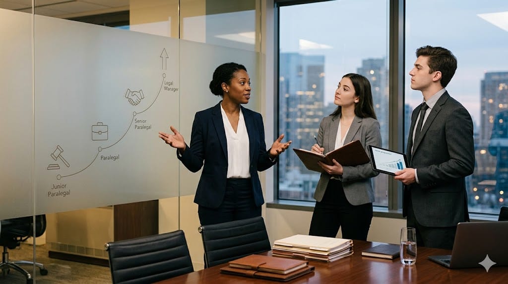 High-performing paralegal team discussing career growth and advancement paths in a modern corporate legal office