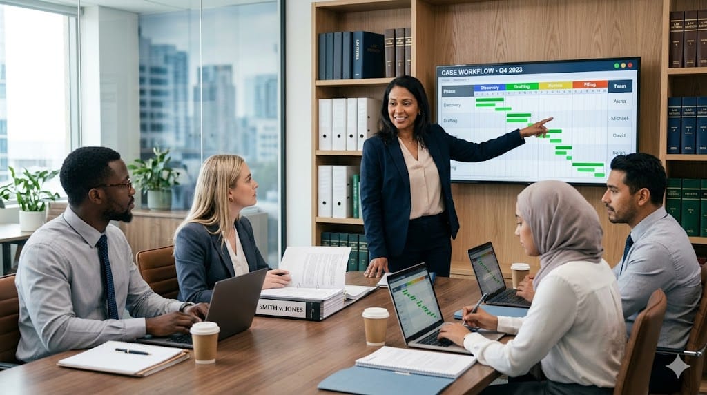 Modern law‑office scene showing a diverse paralegal team collaborating around a table while a hiring manager reviews case files and workflow charts, highlighting leadership that drives efficiency