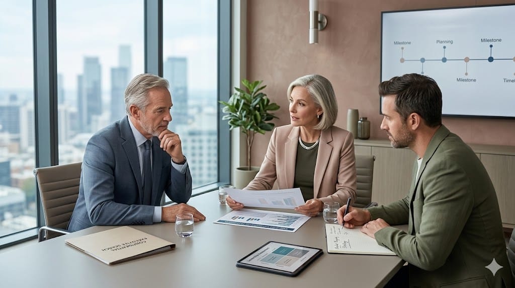 Executive leadership team meeting with a specialized search firm consultant to discuss confidential hiring strategy for critical roles.