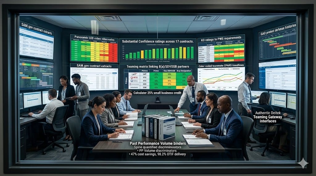 government contracting experts mastering past performance evaluations and teaming agreements, analyzing CPARS ratings, PPIRS confidence levels, and strategic partner matrices during source selection preparation in a secure federal pursuit operations center.