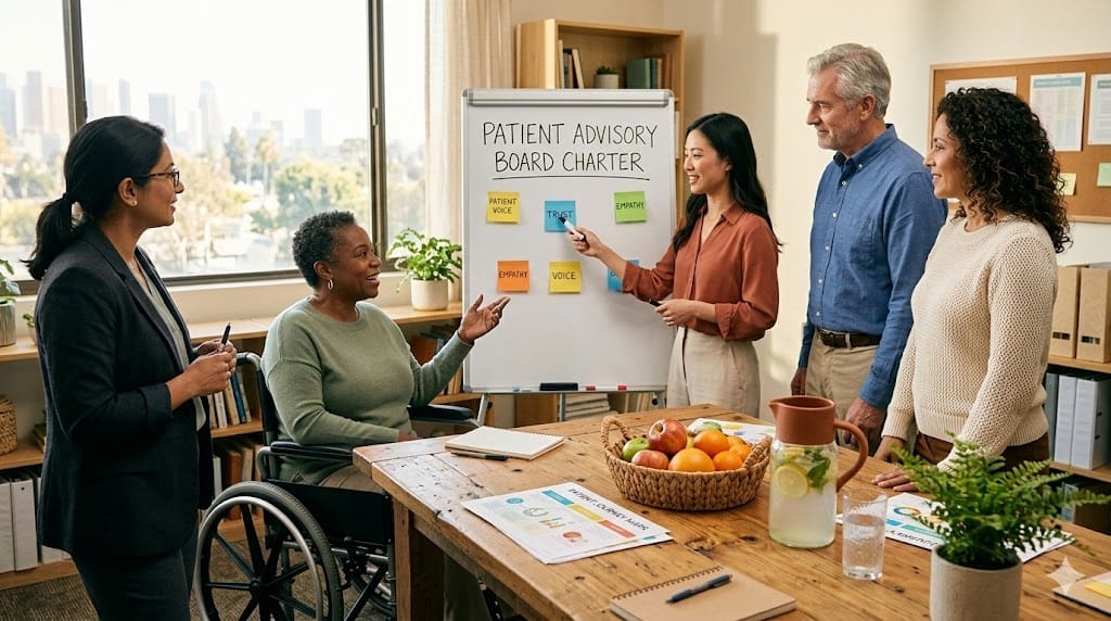 A diverse group of pharma executives and patient advocates collaborating around a conference table, reviewing a large, hand-drawn "Patient Advisory Board Charter" on a whiteboard, with a bowl of fruit and notebooks on the table, capturing a realistic, warm, and inclusive meeting environment. 