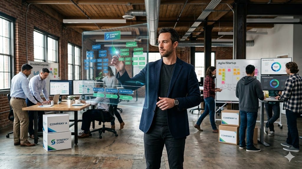 A senior integration leader reviewing layered company structures on a transparent digital interface while overseeing teams merging operations in a fast-paced acquisition environment