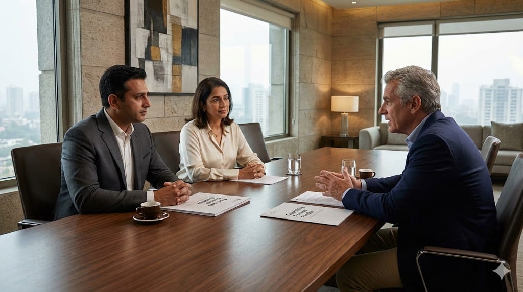 Private equity partners meeting with a potential operating partner in a refined investment office, discussing growth strategy and leadership recruitment for a medical device portfolio company.