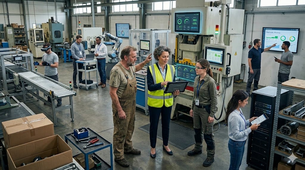 A technology leader guiding a team as digital systems integrate into a traditional non-tech operational environment, illustrating CTO recruitment for portfolio companies