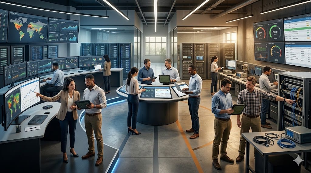 Operating partners and executives from different backgrounds collaborating seamlessly in a unified operational environment, illustrating cultural integration in a PE portfolio company